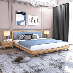 wooden queen size bed without storage  low height cot with blue upholstered cushioned headboard  solid wood sheesham brown finish  mattress size 78 x 60