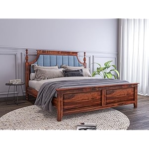 sheeshamwallah wooden double bed without storage  low height cot with blue upholstered cushion headboard  solid wood sheesham honey finish  mattress size 78 x 48