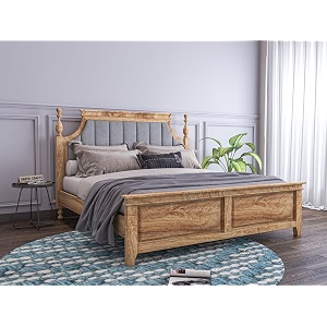 wooden double bed without storage  low height cot with grey upholstered cushion headboard  solid wood sheesham teak finish  mattress size 78 x 48