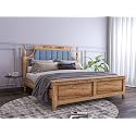 Wooden Double Bed Without Storage | Low Height Cot with Blue Upholstered Cushion Headboard | Solid Wood Sheesham, Teak Finish | Mattress Size: 78 X 48