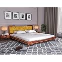 Sheeshamwallah Wooden Double Bed Without Storage | Low Height Cot with Yellow Upholstered Cushion Headboard | Solid Wood Sheesham, Honey Finish | Mattress Size: 78 X 48