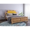 Wooden Double Bed Without Storage | Low Height Cot with Yellow Upholstered Cushion Headboard | Solid Wood Sheesham, Teak Finish | Mattress Size: 78 X 48