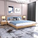Wooden Queen Size Bed Without Storage | Low Height Cot with Blue Upholstered Cushioned Headboard | Solid Wood Sheesham, Brown Finish | Mattress Size: 78 X 60