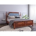 Sheeshamwallah Wooden Double Bed Without Storage | Low Height Cot with Blue Upholstered Cushion Headboard | Solid Wood Sheesham, Honey Finish | Mattress Size: 78 X 48