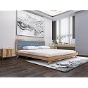 Wooden Queen Size Bed Without Storage | Low Height Cot with Blue Upholstered Cushioned Headboard | Solid Wood Sheesham, Brown Finish | Mattress Size: 78 X 60