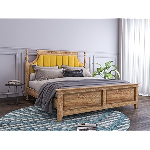 wooden king size bed without storage  low height cot with yellow upholstered cushion headboard  solid wood sheesham teak finish  mattress size 78 x 72