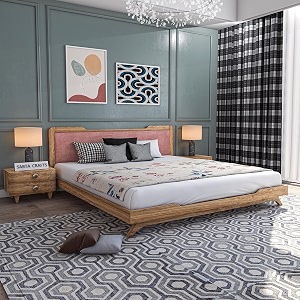 wooden king size bed without storage  low height cot with rosedust upholstered cushion headboard  solid wood sheesham brown finish  mattress size 78 x 72
