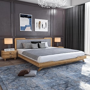 wooden king size bed without storage  low height cot with grey upholstered cushioned headboard  solid wood sheesham brown finish  mattress size 78 x 72