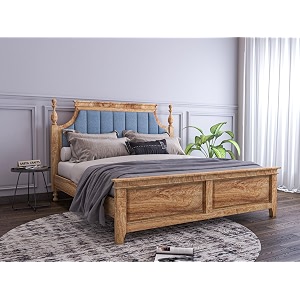 wooden king size bed without storage  low height cot with blue upholstered cushion headboard  solid wood sheesham teak finish  mattress size 78 x 72