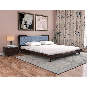 wooden king size bed without storage  low height cot with dark grey upholstered cushion headboard  solid wood sheesham walnut finish  mattress size 78 x 72