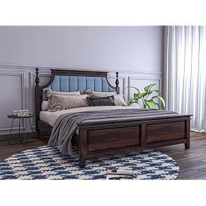 wooden king size bed without storage  low height cot with blue upholstered cushion headboard  solid wood sheesham walnut finish  mattress size 78 x 72