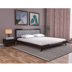 wooden king size bed without storage  low height cot with grey upholstered cushion headboard  solid wood sheesham walnut finish  mattress size 78 x 72