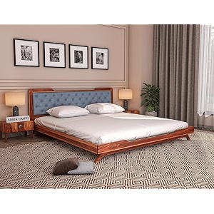 wooden king size bed without storage  low height cot with dark grey upholstered cushion headboard  solid wood sheesham honey finish  mattress size 78 x 72