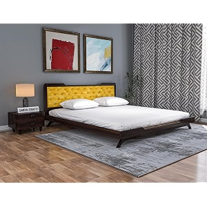 wooden king size bed without storage  low height cot with yellow upholstered cushion headboard  solid wood sheesham walnut finish  mattress size 78 x 72