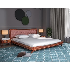 wooden king size bed without storage  low height cot with pink upholstered cushion headboard  solid wood sheesham honey finish  mattress size 78 x 72