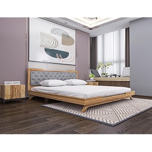wooden king size bed without storage  low height cot with grey upholstered cushion headboard  solid wood sheesham brown finish  mattress size 78 x 72