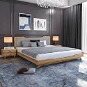 Wooden King Size Bed Without Storage | Low Height Cot with Grey Upholstered Cushioned Headboard | Solid Wood Sheesham, Brown Finish | Mattress Size: 78 X 72