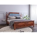 Wooden King Size Bed Without Storage | Low Height Cot with Blue Upholstered Cushion Headboard | Solid Wood Sheesham, Honey Finish | Mattress Size: 78 X 72
