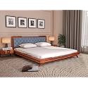 Wooden King Size Bed Without Storage | Low Height Cot with Dark Grey Upholstered Cushion Headboard | Solid Wood Sheesham, Honey Finish | Mattress Size: 78 X 72
