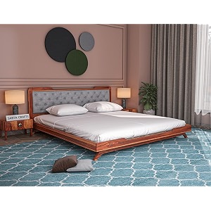 wooden queen size bed without storage  low height cot with grey upholstered cushion headboard  solid wood sheesham honey finish  mattress size 78 x 60