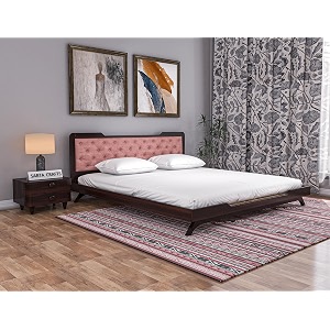 wooden queen size bed without storage  low height cot with flamingo pink upholstered cushion headboard  solid wood sheesham walnut finish  mattress size 78 x 60