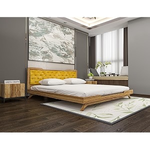 wooden queen size bed without storage  low height cot with yellow upholstered cushion headboard  solid wood sagwan teak finish  mattress size 78 x 60