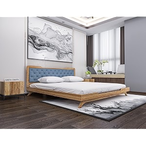 wooden queen size bed without storage  low height cot with blue upholstered cushion headboard  solid wood sheesham brown finish  mattress size 78 x 60