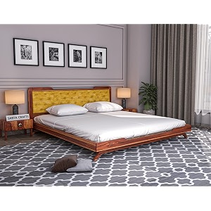 wooden queen size bed without storage  low height cot with yellow upholstered cushion headboard  solid wood sheesham honey finish  mattress size 78 x 60
