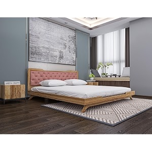 wooden queen size bed without storage  low height cot with rosedust upholstered cushion headboard  solid wood sagwan teak finish  mattress size 78 x 60