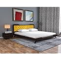 Wooden Queen Size Bed Without Storage | Low Height Cot with Yellow Upholstered Cushion Headboard | Solid Wood Sheesham, Walnut Finish | Mattress Size: 78 X 60
