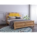 Wooden Queen Size Bed Without Storage | Low Height Cot with Yellow Upholstered Cushion Headboard | Solid Wood Sheesham, Teak Finish | Mattress Size: 78 X 60
