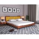 Wooden Queen Size Bed Without Storage | Low Height Cot with Yellow Upholstered Cushion Headboard | Solid Wood Sheesham, Honey Finish | Mattress Size: 78 X 60