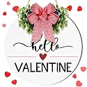 Shellwei Hello Valentine's Day Sign for Front Door 12 Inches Wood Round Wall Decor with Bow Valentine's Day Door Wreath Hanger Indoor Wall Hanging Decoration for Wedding Home Outdoor Porch