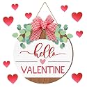 Shellwei Hello Valentine's Day Sign for Front Door 12 Inches Wood Red Pink Round with Bow Valentine's Day Door Wreath Hanger Indoor Wall Hanging Decoration for Wedding Home Porch
