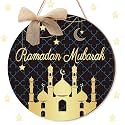 Shellwei Ramadan Door Sign for Front Door Ramadan Kareem Hanger Wreaths Eid Mubarak Wooden Hanging Wall Decor Eid Mubarak Moon Sign for Front Porch Wall Pediments Decorations
