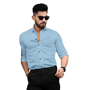 shenky cotton blend men regular fit solid formal shirt x-large sky blue
