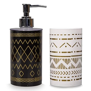 shenron plastic bathroom accessories set of 2  toothbrush holder amp liquid soap dispenser for wash basin sink amp bathroom durable stylish amp easy to clean black amp white