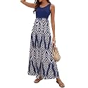 Sherosa Women Boho Chevron Striped Floral Printed Summer Sleeveless Tank Long Maxi Party Dress