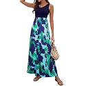Sherosa Women Boho Chevron Striped Floral Printed Summer Sleeveless Tank Long Maxi Party Dress