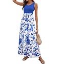 Sherosa Women Boho Chevron Striped Floral Printed Summer Sleeveless Tank Long Maxi Party Dress