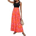 Sherosa Women Boho Chevron Striped Floral Printed Summer Sleeveless Tank Long Maxi Party Dress