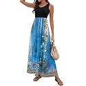 Sherosa Women Boho Chevron Striped Floral Printed Summer Sleeveless Tank Long Maxi Party Dress