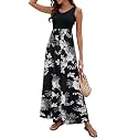 Sherosa Women Boho Chevron Striped Floral Printed Summer Sleeveless Tank Long Maxi Party Dress