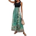 Sherosa Women Boho Chevron Striped Floral Printed Summer Sleeveless Tank Long Maxi Party Dress