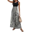 Sherosa Women Boho Chevron Striped Floral Printed Summer Sleeveless Tank Long Maxi Party Dress