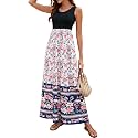 Sherosa Women Boho Chevron Striped Floral Printed Summer Sleeveless Tank Long Maxi Party Dress