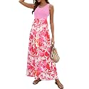 Sherosa Women Boho Chevron Striped Floral Printed Summer Sleeveless Tank Long Maxi Party Dress