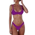 SherryDC Women's Solid Scoop Neck Push Up Padded Brazilian Thong Bikini Swimsuit Bathing Suit