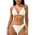 SherryDC Women's Solid Scoop Neck Push Up Padded Brazilian Thong Bikini Swimsuit Bathing Suit