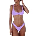 SherryDC Women's Solid Scoop Neck Push Up Padded Brazilian Thong Bikini Swimsuit Bathing Suit